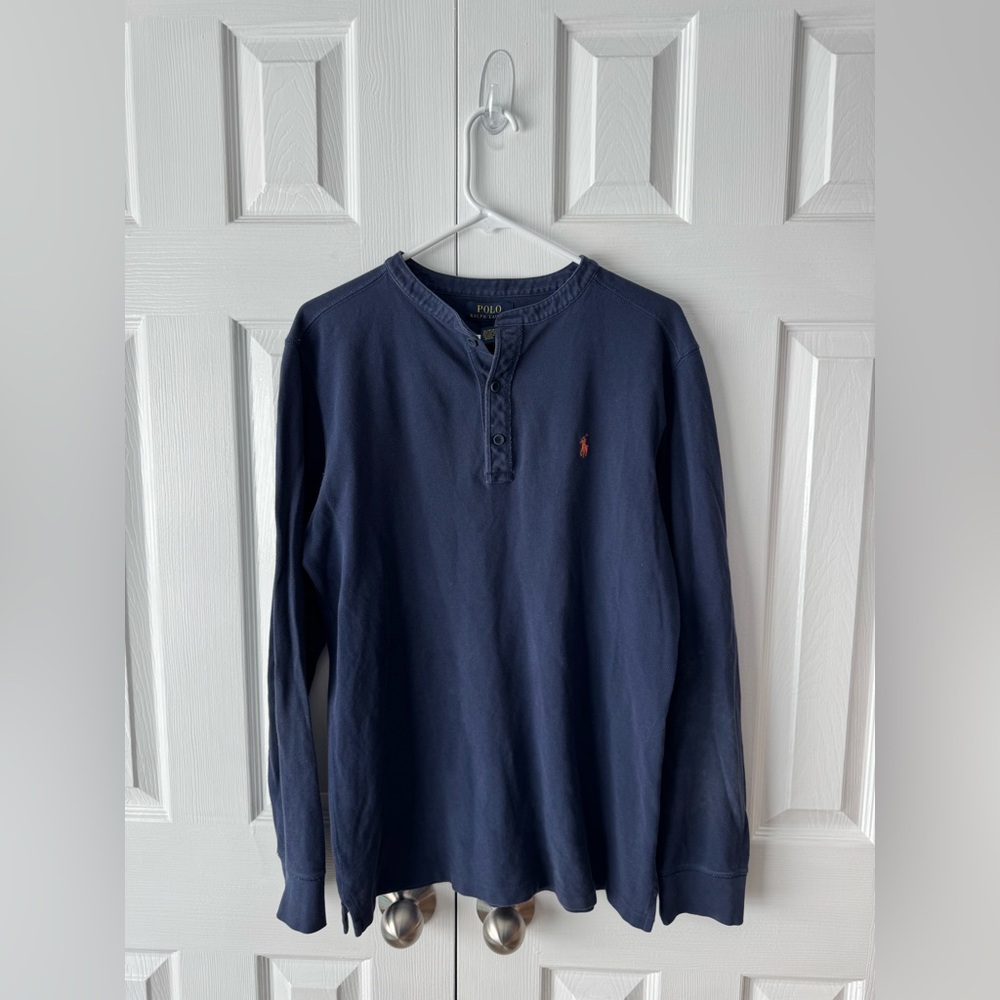 Polo Ralph Lauren Navy Blue Henley Shirt Orange Pony Logo Kids XL 18-20